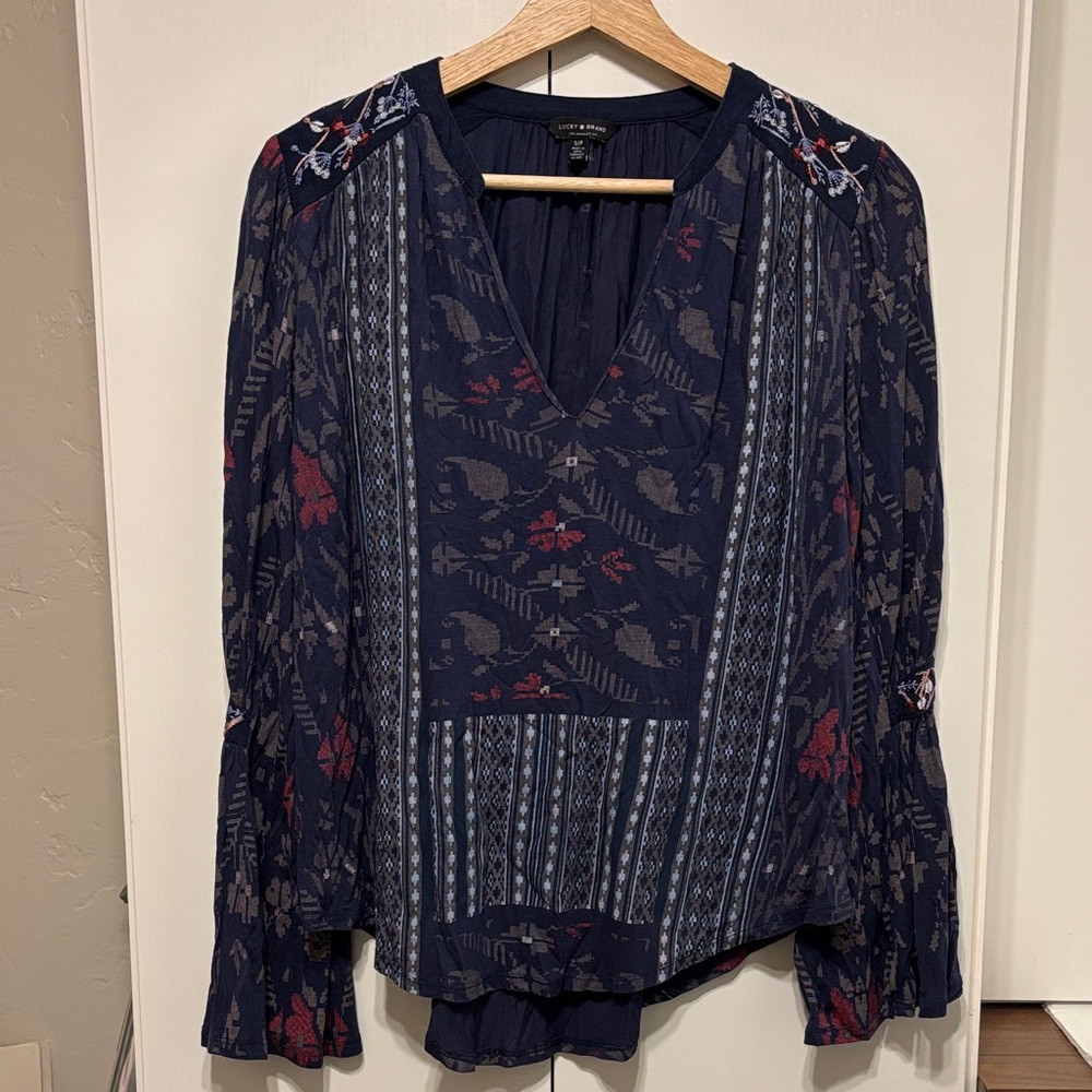 Lucky Brand Dark Blue Floral Boho Embroidered Peasant Blouse - S